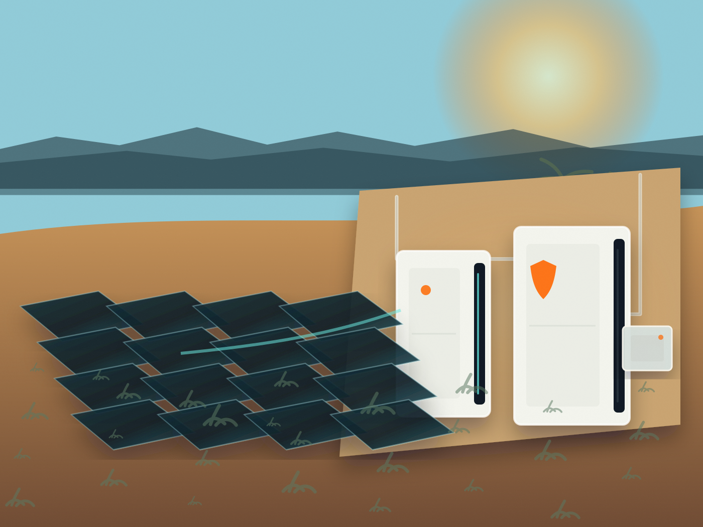 Solar panels feeding wall-mounted storage equipment at a Coachella Valley site