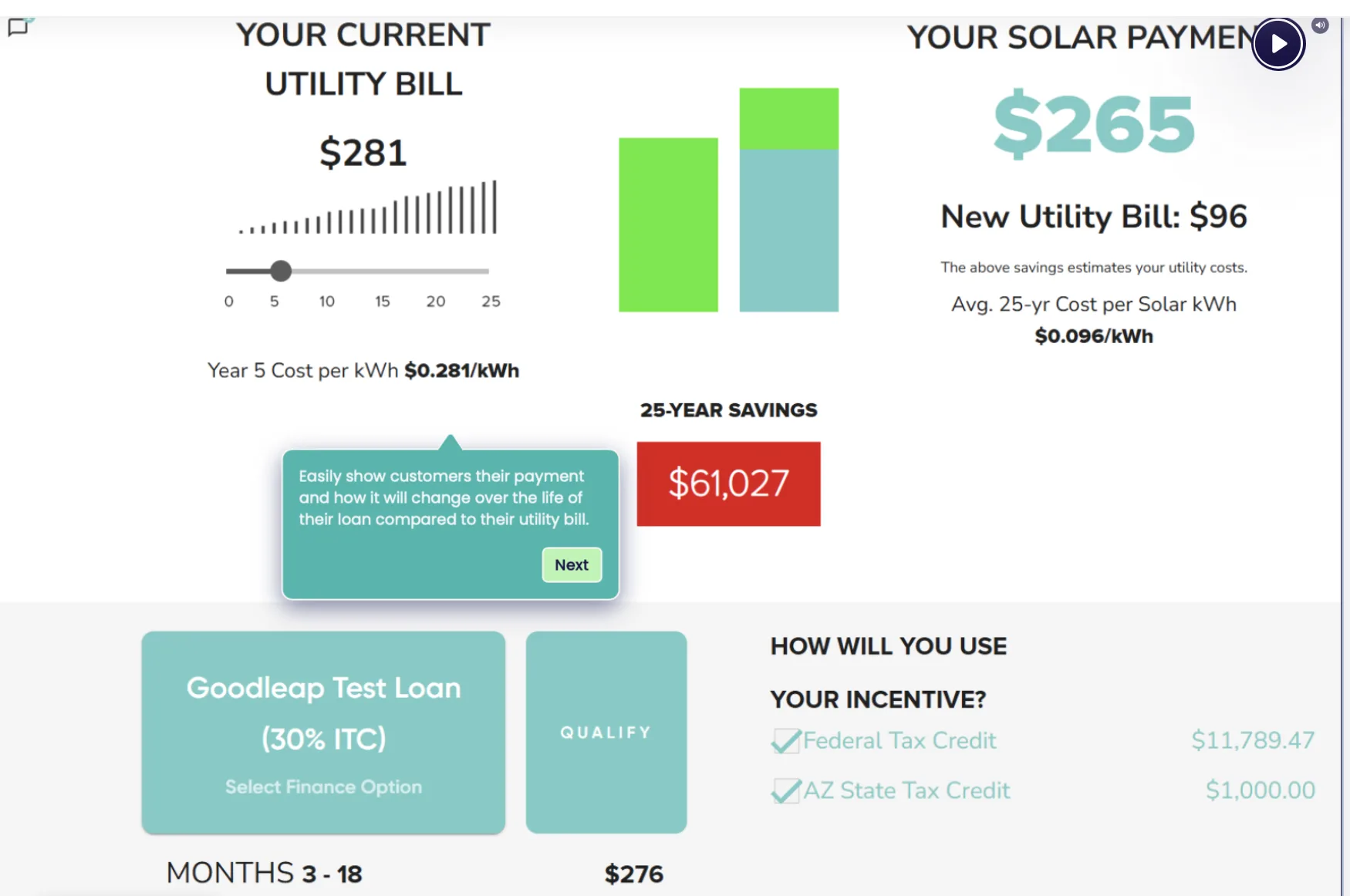Solar Studio payment comparison screen with financing options and monthly cost details.